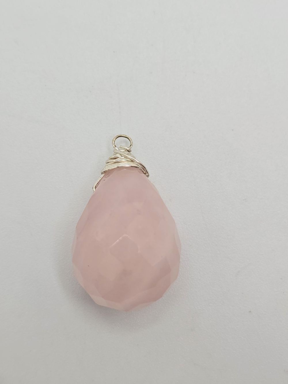 Rose Quartz Pendant Faceted Teardrop Wire Wrapped Silver Tone 1-1/8"